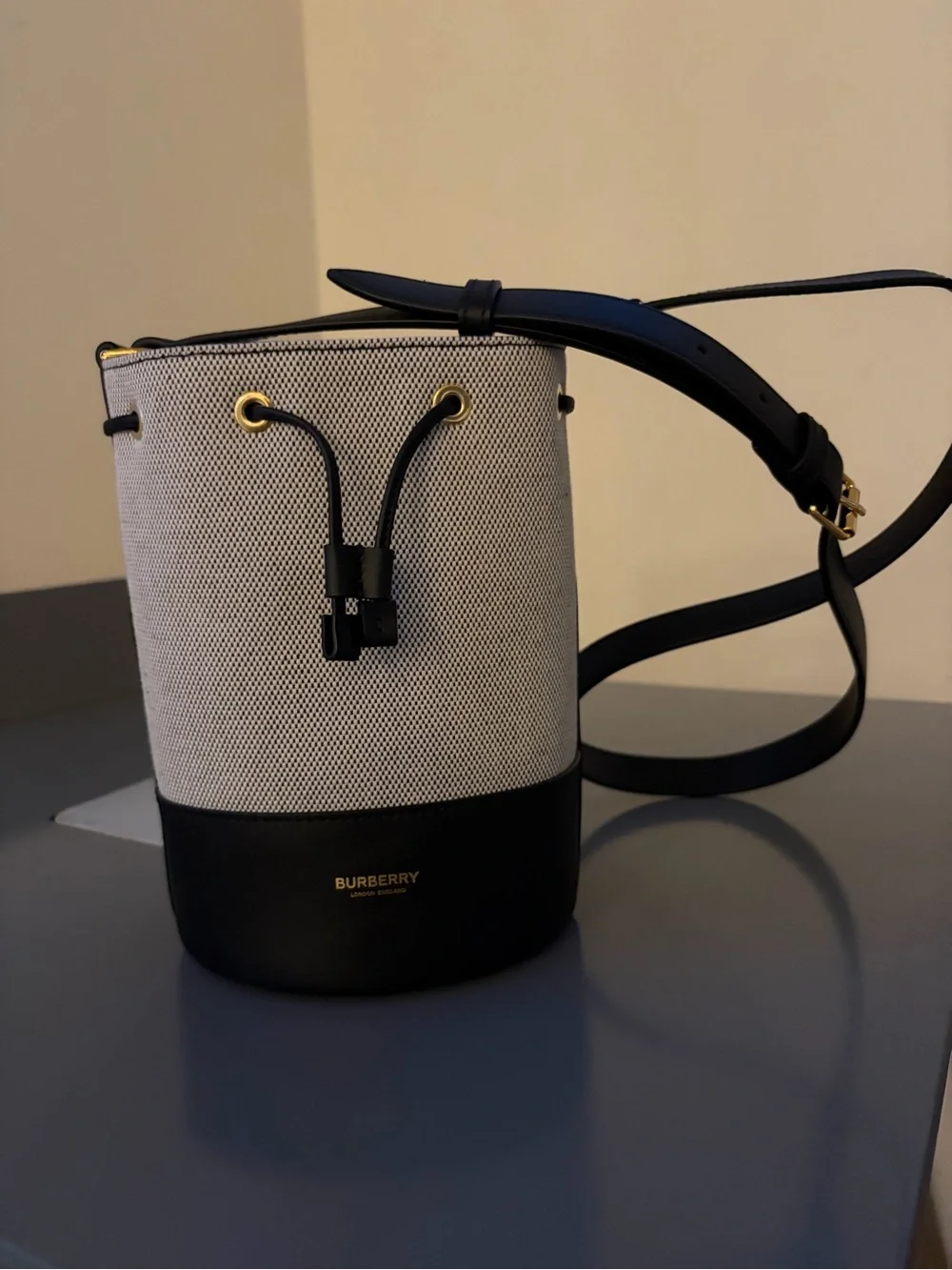 Burberry Black and Cream Canvas Leather Bucket Bag
